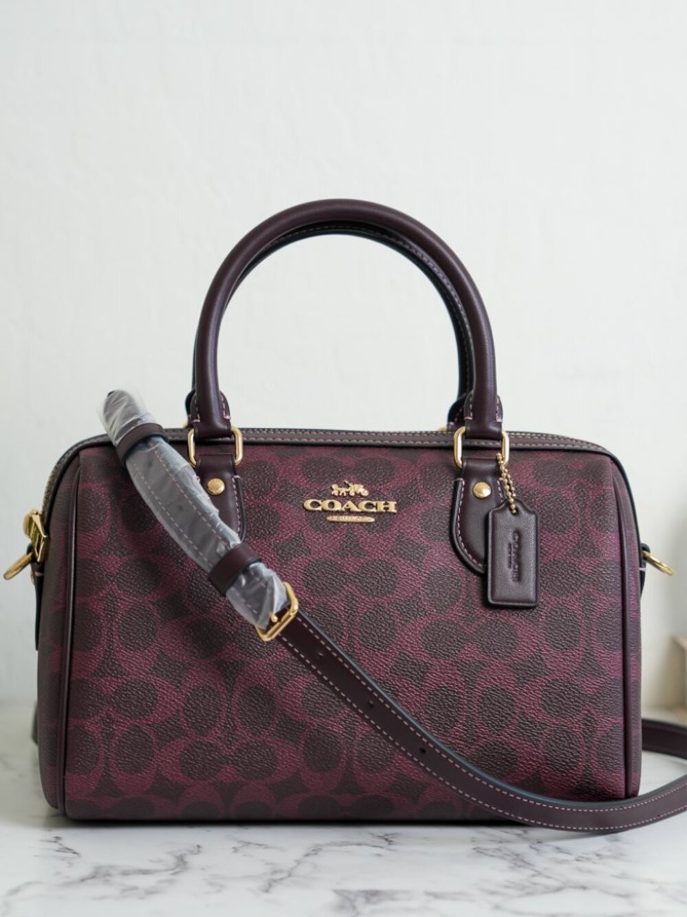 Coach CV961 Rowan Satchel Bag In Signature Canvas Black Currant NWT